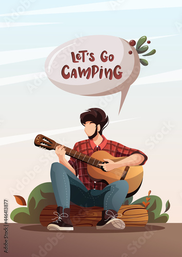 Man with guitar sitting by campfire in the forest. Summertime camping, traveling, trip, hiking, camper, nature, journey concept. Vector illustration for poster, banner, card, postcard, cover.