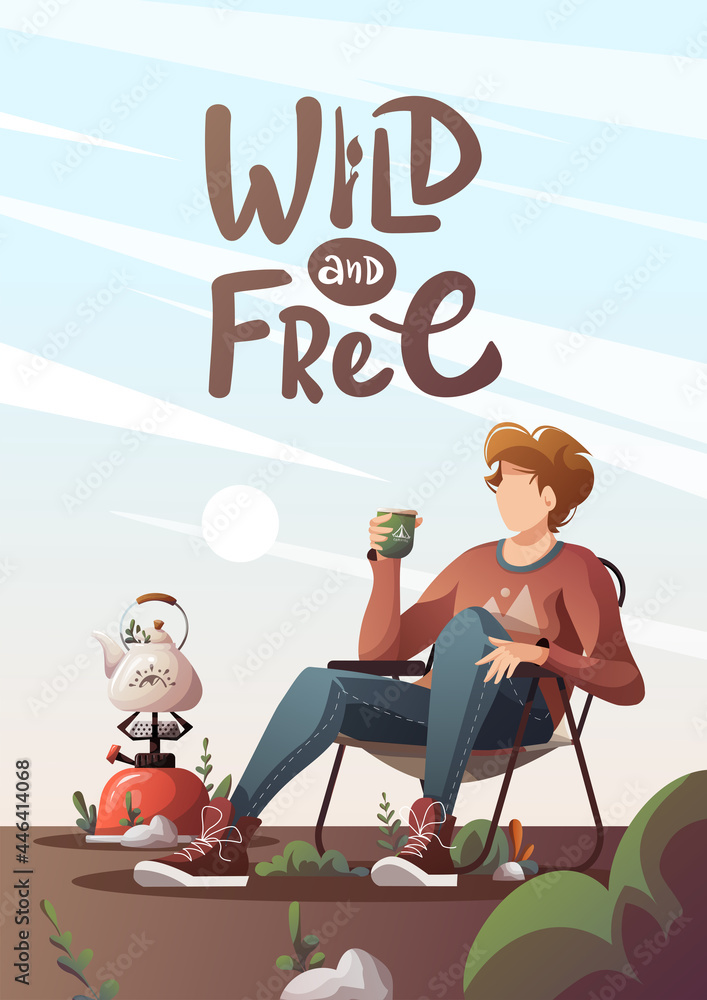 Card design with man sitting on a tourist chair with cup of tea in nature. Camping, traveling, camper, nature, journey concept. Vector illustration for poster, banner, postcard, card, cover.