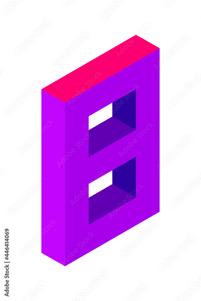 Purple number 8 in isometric style. Isolated on black background. Learning numbers, serial number, price, place. Purple number 8 in isometric style. Isolated on black background. Learning numbers, serial number, price, place.