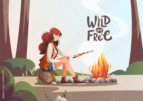 Card design with woman sitting by campfire and roasting marshmallows. Summertime camping, traveling, camper, nature, journey concept. Vector illustration for poster, banner, postcard, card, cover.