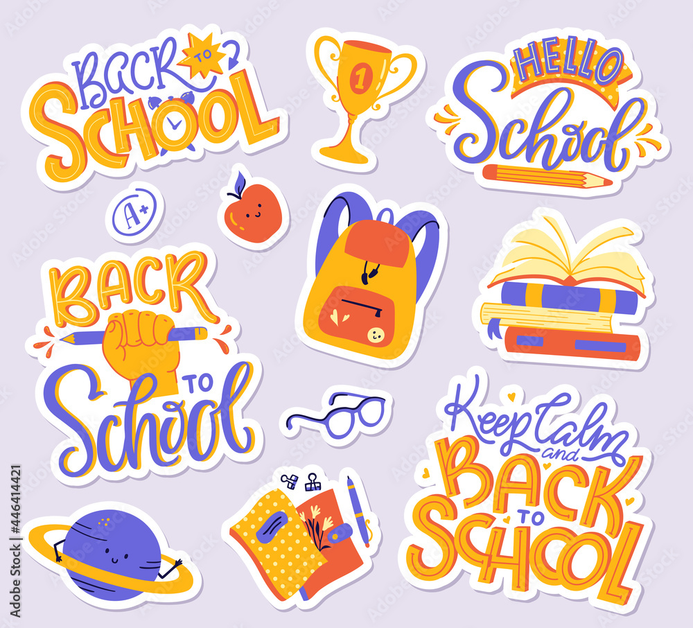 School sticker pack. Vector set of modern illustrations.