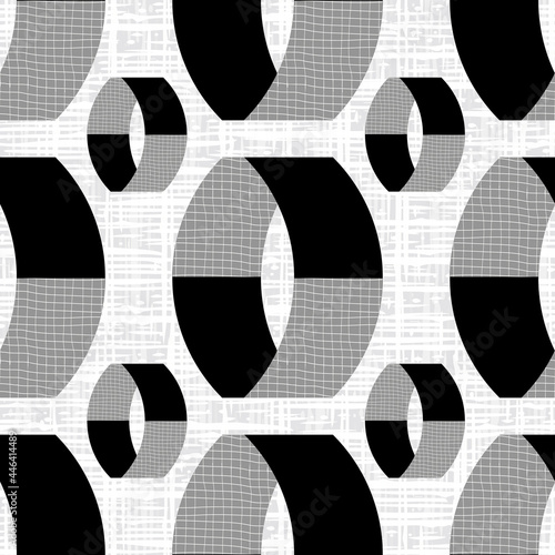 Monochrome textured vector 3D cylinders. Seamless pattern background. Abstract floating ring shapes vertical geometric design on etched backdrop. All over print for technical, business concept