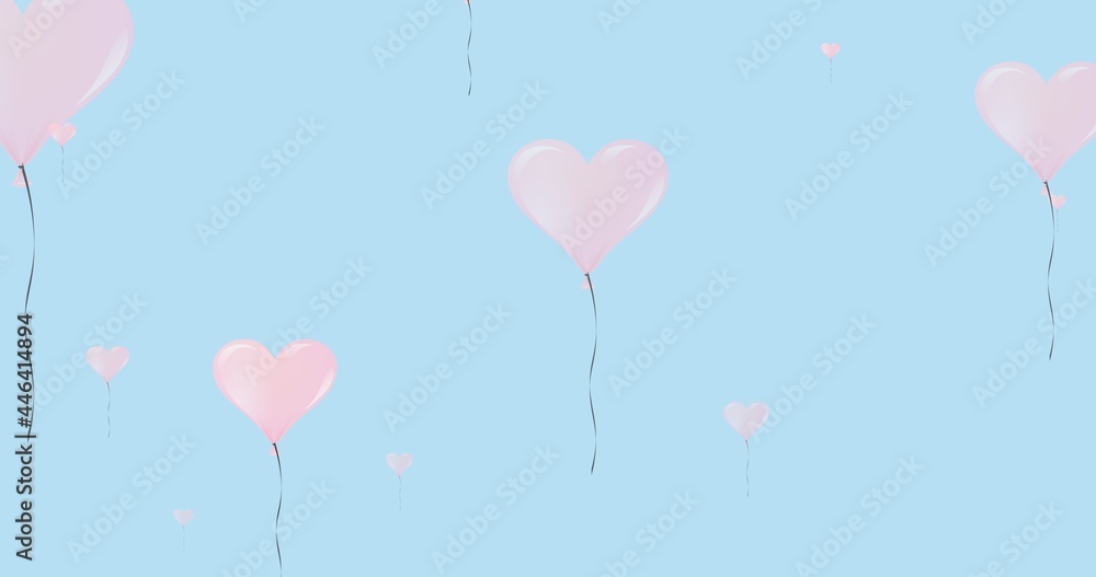 Composition of pink heart balloons on blue background
