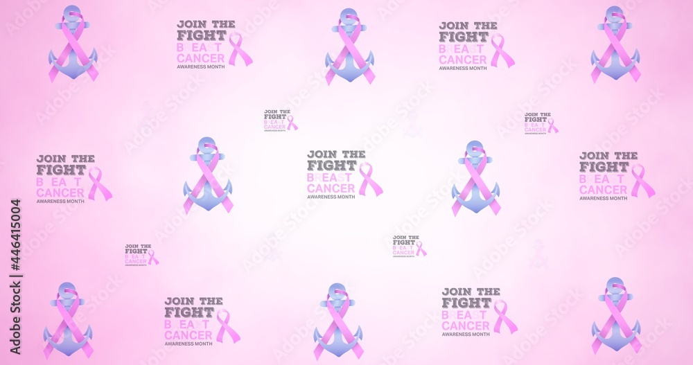 Composition of multiple ribbon anchor and breast cancer text on pink background