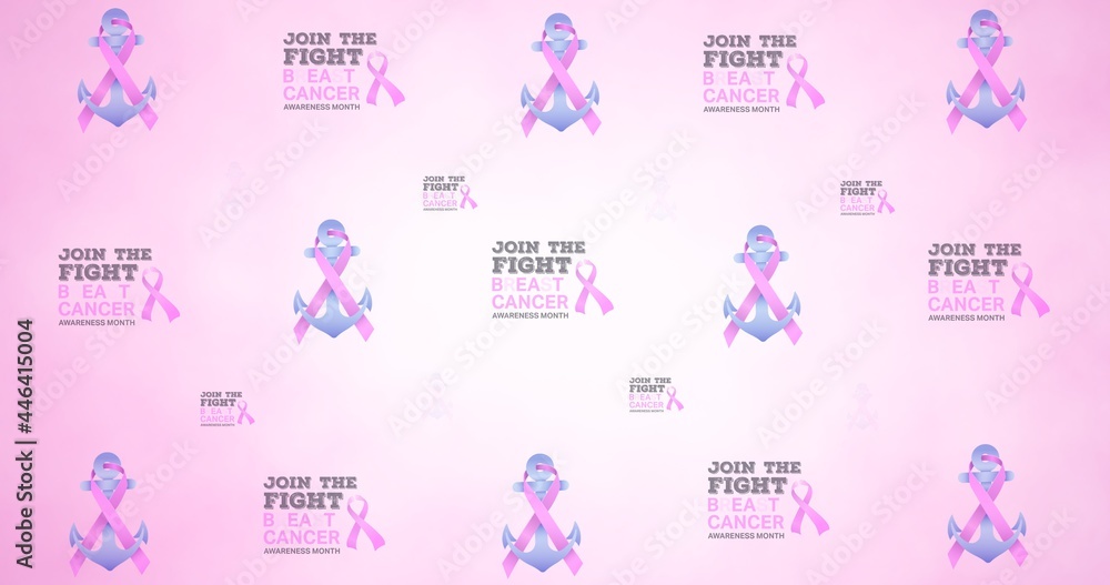 Fototapeta premium Composition of multiple ribbon anchor and breast cancer text on pink background