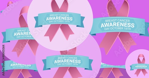 Composition of pink multiple ribbon on pink and breast cancer text on purple background