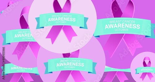 Composition of pink ribbon logo and breast cancer text purple and pink background