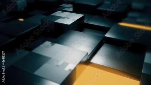 Dark and black metal cube extrude perspective orthographic light background. Cube yellow light emission. 3d render