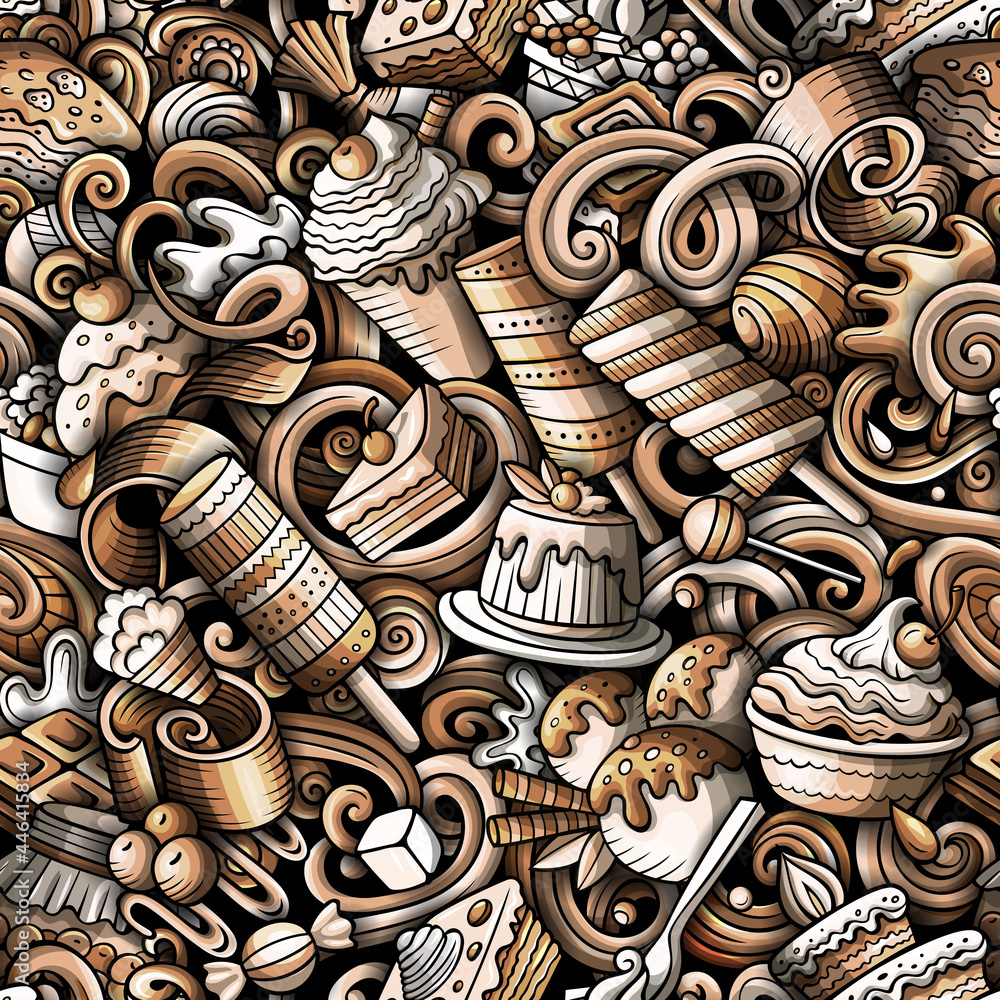 Cartoon doodles Desserts seamless pattern. Cartoon doodles Desserts seamless pattern.