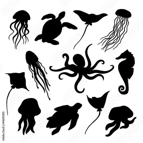 Summer time graphic. Underwater set of silhouettes for design. Flat illustration with isolated marine objects. Black shapes on a white background: jellyfish, stingrays, turtles, octopus, seahorse
