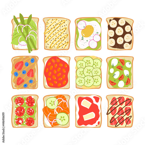 Breakfast toast set. Yummy sandwiches with toppings. Avocado, salmon, peanut butter, veggies, fruits, eggs and hummus on crispy bread slices. Flat hand drawn brunch illustration.
