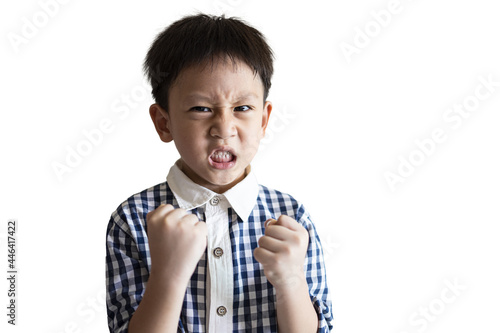 Foto Angry little child clenched fist,show dissatisfied expression on face,feeling upset annoyed,bad behavior,Temperamental kid boy with Attention Deficit Hyperactivity Disorder,irritability,full of anger