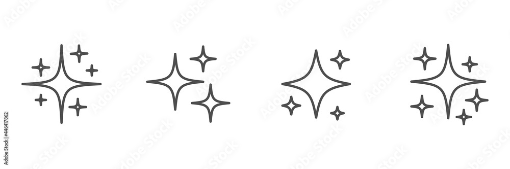 Star sparkling line icon set. Glittering stars light linear black collection. Vector isolated on white