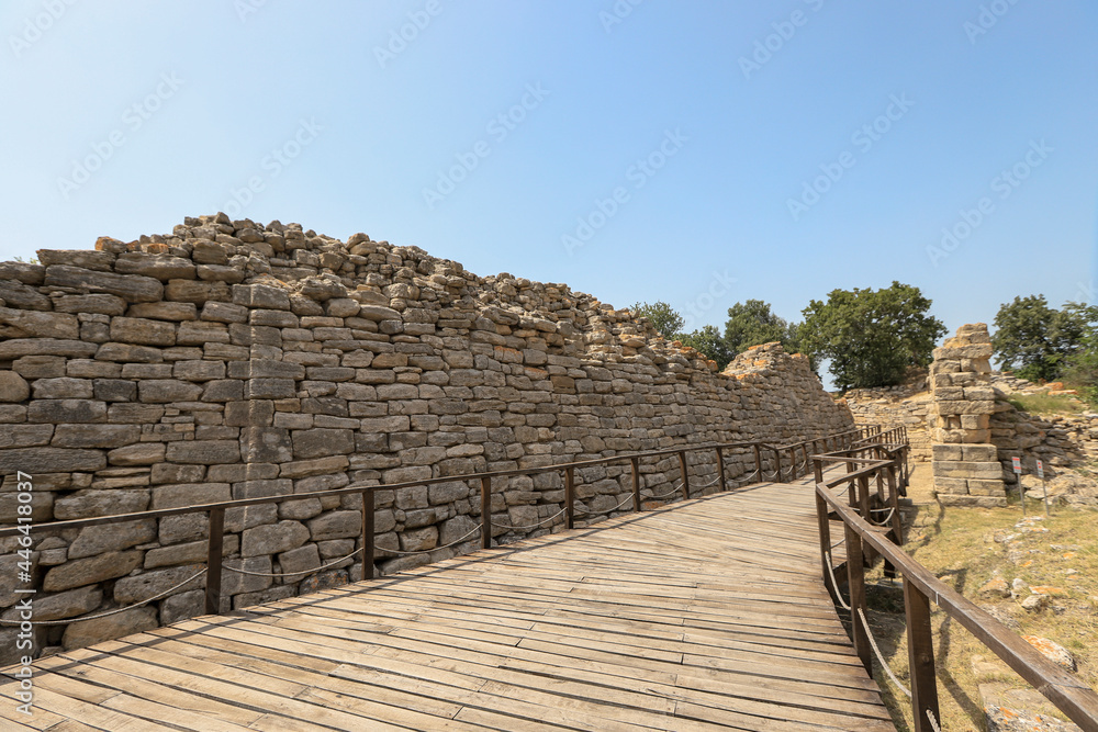 Fototapeta premium Çanakkale - Turkey 01.July.2021 View from the archaeological site of Troy or Ilion. An ancient Greek city in Asia Minor known from the Greek Homer, who described the first Greek civil war recorded in
