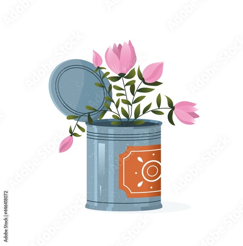 Bouquet of flowers in a metal tin can