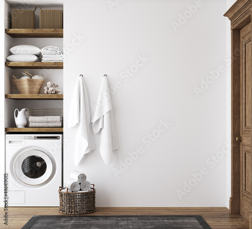 Photographie White cozy bathroom interior, farmhouse style, 3d render