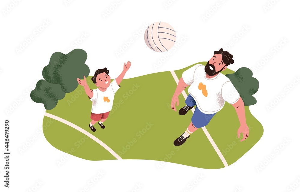 Father and son playing with ball. Dad spending time with child. Happy daddy and kid resting together outdoors on summer holiday. Flat vector illustration of parent and boy isolated on white background