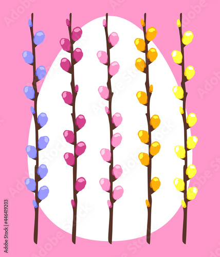 White Easter egg, decorated with multi-colored pussy willow branches on a pink background. Festive vector illustration.