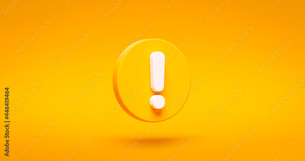 Yellow exclamation mark symbol and attention or caution sign icon on alert danger problem background with warning graphic flat design concept. 3D rendering. - obrazy, fototapety, plakaty 