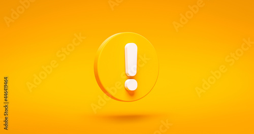 Yellow exclamation mark symbol and attention or caution sign icon on alert danger problem background with warning graphic flat design concept. 3D rendering. photo
