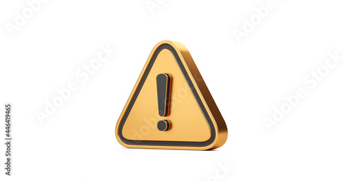 Gold exclamation mark symbol and attention or caution sign icon isolated on alert danger problem white background with warning graphic flat design concept. 3D rendering.