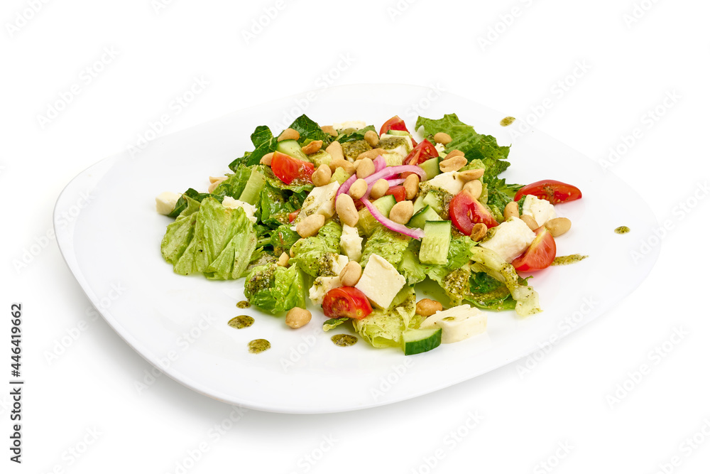 Vegetarian salad with mozzarella cheese, isolated on white background. High resolution image.