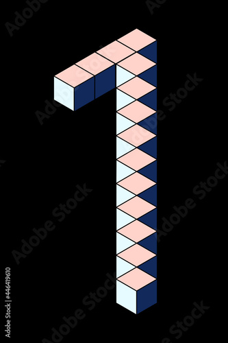 Number 1 from cubes isolated on black background. Pastel pink and blue colors. Pixel, 8 bit, isometric style.