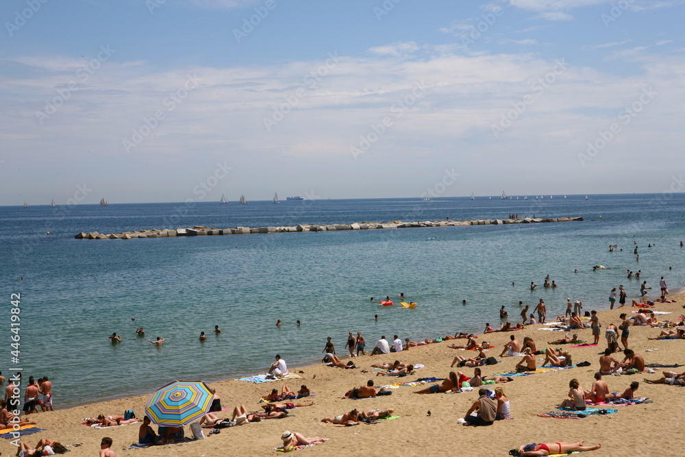 Barcelona summer beach landscape with people