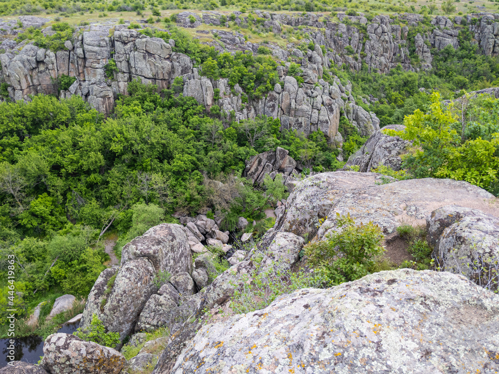 Granite canyon on the Mertvovid river in Aktovo village, Nikolaev region, Ukraine. One of the natural wonders of Ukraine.