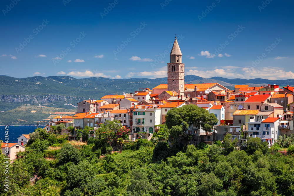 Vrbnik, Croatia. Aerial cityscape image of iconic village of Vrbnik, Croatia located on Krk Island at beautiful summer day.