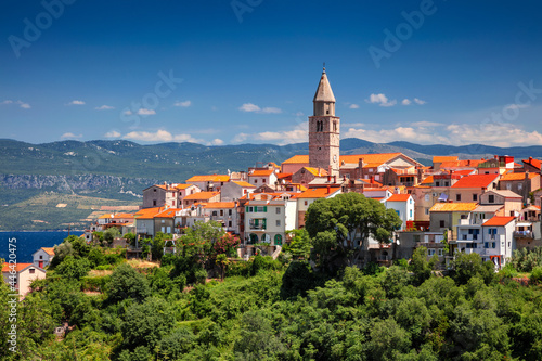Obraz na płótnie Vrbnik, Croatia. Aerial cityscape image of iconic village of Vrbnik, Croatia located on Krk Island at beautiful summer day. w salonie