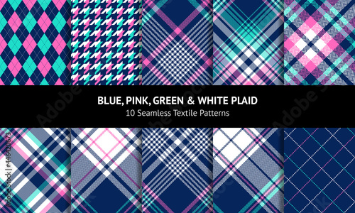 Plaid pattern set. Texture for spring summer in blue, pink, green, white. Seamless bright tartan check plaids for flannel shirt, blanket, duvet cover, other modern womenswear fashion textile design.