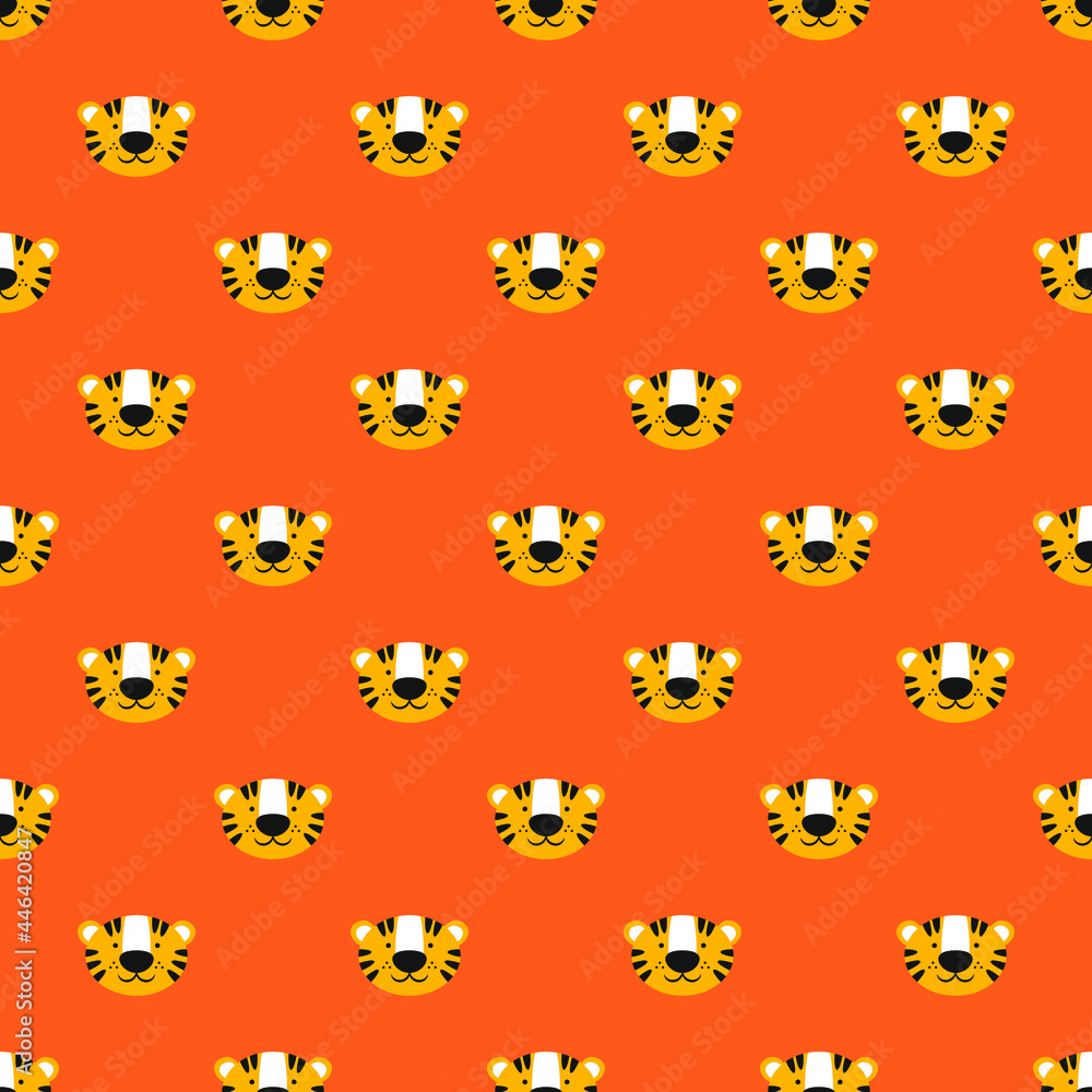 Tiger heads on an orange background. Seamless background. Bright children's texture for any use Tiger heads on an orange background. Seamless background. Bright children's texture for any use