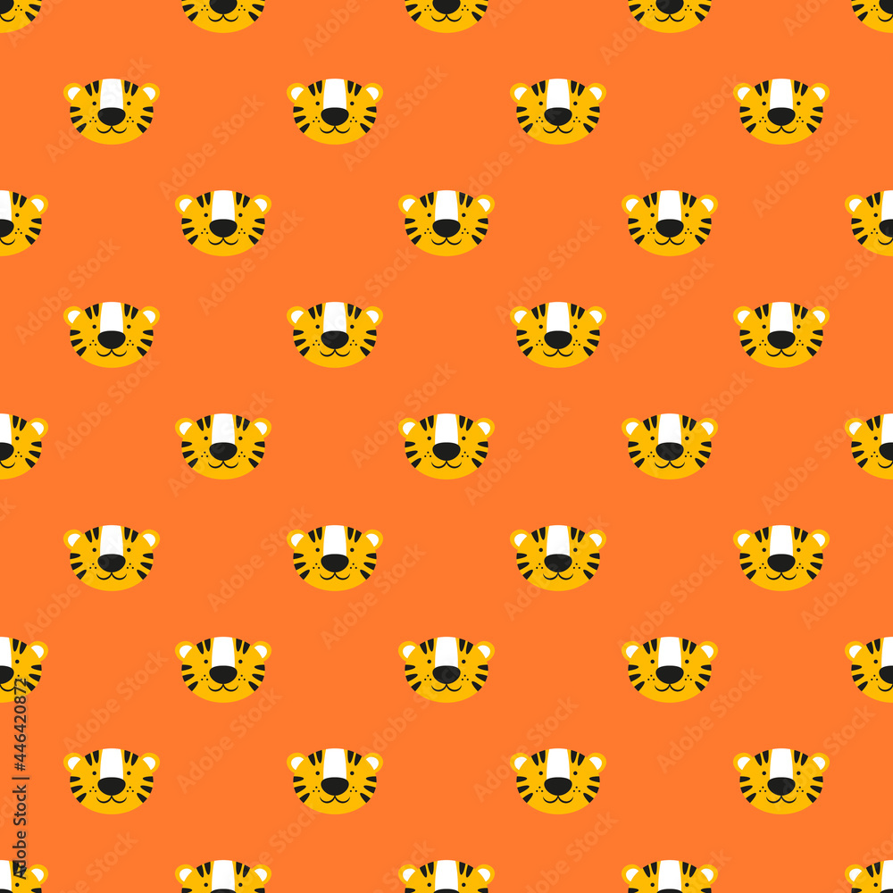 Tiger heads on an orange background. Seamless background. Bright children's texture for any use Tiger heads on an orange background. Seamless background. Bright children's texture for any use