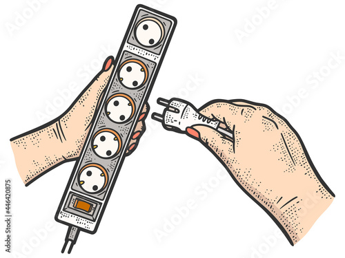 Extension cord. Hands plug the plug into the socket color. Sketch scratch board imitation.