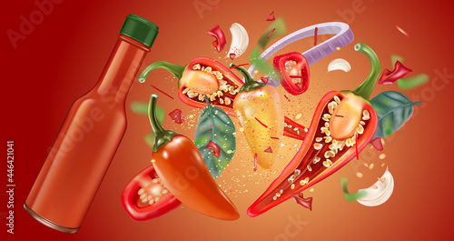 Red chili pepper bottle sauce with chili splashing elements isolated on dark color background, Vector realistic in 3D illustration.