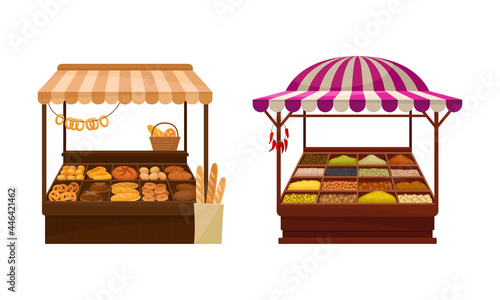 Street Market Stall and Stand with Awning and Various Products Like Condiment and Bread Vector Set