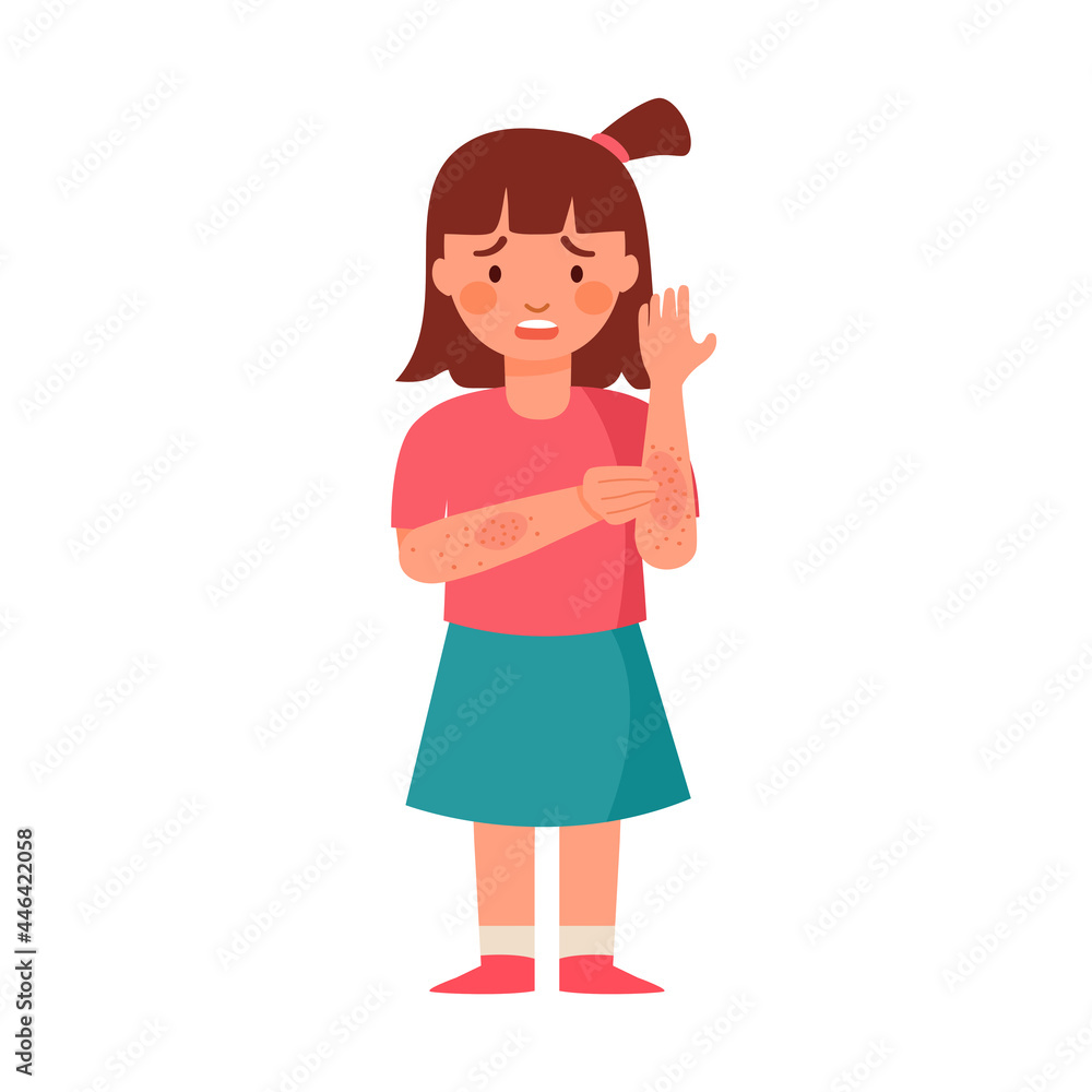 Girl children scratching arm. Kids suffering from strong allergy skin itchy symptom in flat design. Red rash skin irritation. Girl children scratching arm. Kids suffering from strong allergy skin itchy symptom in flat design. Red rash skin irritation.