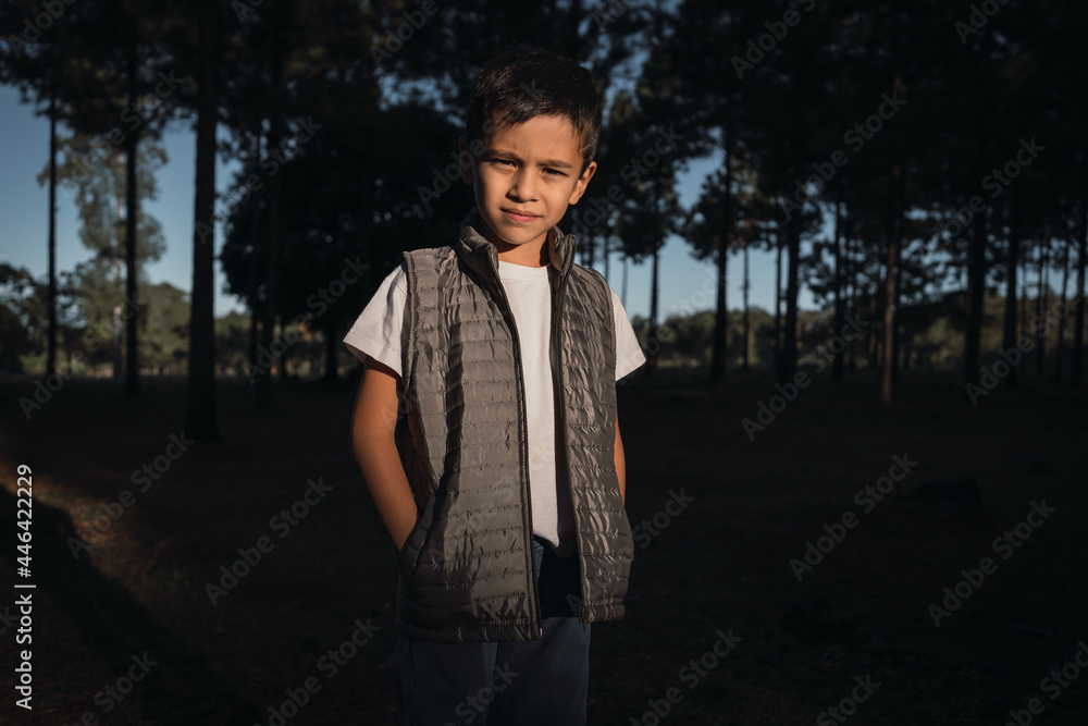 Portrait of a little boy with his hands in his pockets in the open air .