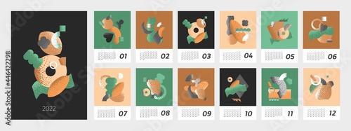 Wall vertical calendar for 2022, the week starts on Sunday. Template A4 format calendar set of month with abstract flowers, symbols, shapes. Contemporary trendy posters. cartoon vector illustration.