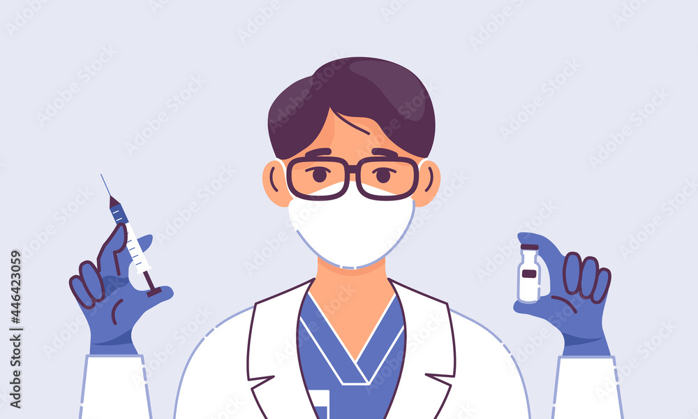 Male doctor with syringe and vaccine isolated on blue background. Concept of healthcare and medicine, coronavirus prevention and immunize. People vaccination against Covid-19. Vector illustration Male doctor with syringe and vaccine isolated on blue background. Concept of healthcare and medicine, coronavirus prevention and immunize. People vaccination against Covid-19. Vector illustration