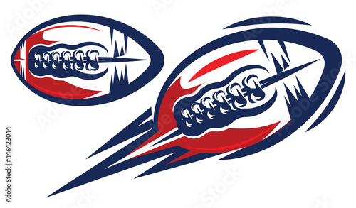 Set of color templates for American football with flying balls. Two elements for branding sports team, printing on sports uniforms