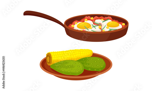 Corn Cob and Avocado with Frying Pan and Scrambled Eggs Vector Set