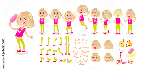 Animated cartoon character. Young girl character constructor set face emotions, lip sync, poses and emotions for animation or illustration. Cartoon girl creation mascot kit