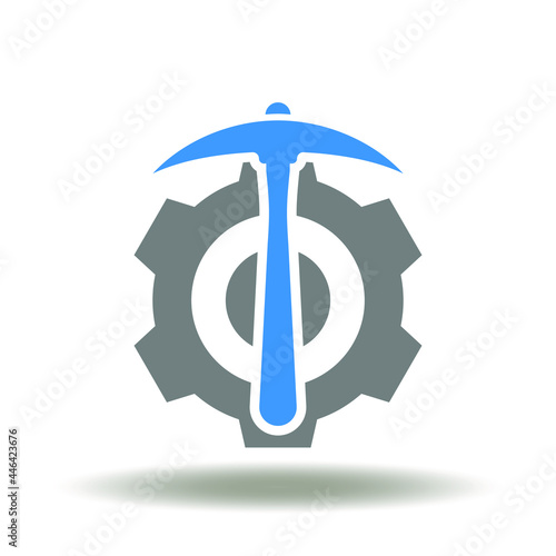 Cog wheel with pickaxe vector illustration. Gear pickax logo. Extraction symbol. Mining industry icon. Mine cryptocurrency pictogram.