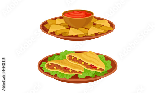 Crunchy Nacho with Sauce and Quesadilla with Savory Filling Vector Set