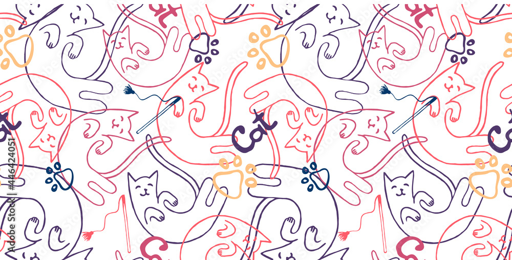 seamless pattern with cat, cat paws or footprints, the word cat. Use for cat salons, veterinary clinics, an element for design seamless pattern with cat, cat paws or footprints, the word cat. Use for cat salons, veterinary clinics, an element for design