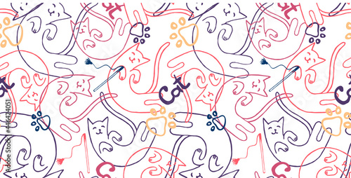 seamless pattern with cat, cat paws or footprints, the word cat. Use for cat salons, veterinary clinics, an element for design