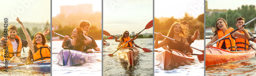 Happy couples, beautiful girls and young men kayaking on river with sunset on the background. Composite image, collage
