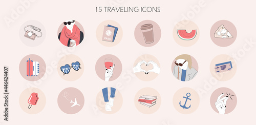 Instagram highlight cover icons and pin sticker template. minimal simple feminine social media logo with infographic for fashion, travel, beauty, tourism, lifestyle make up. in nude rose pink blue